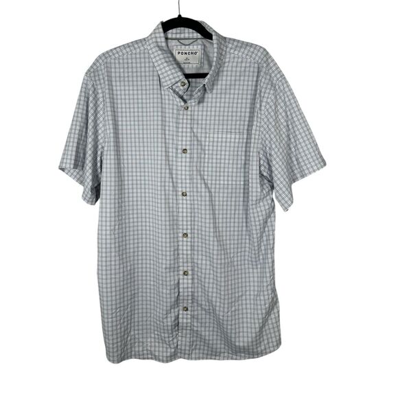 Poncho Performance Slim Fit Grey Blue White Plaid Short Sleeve Button Shirt XL - Picture 1 of 5